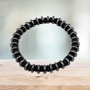 Gunmetal Disc Stretch Bracelet with Dark Emerald Green Spacers | Artisan Modern